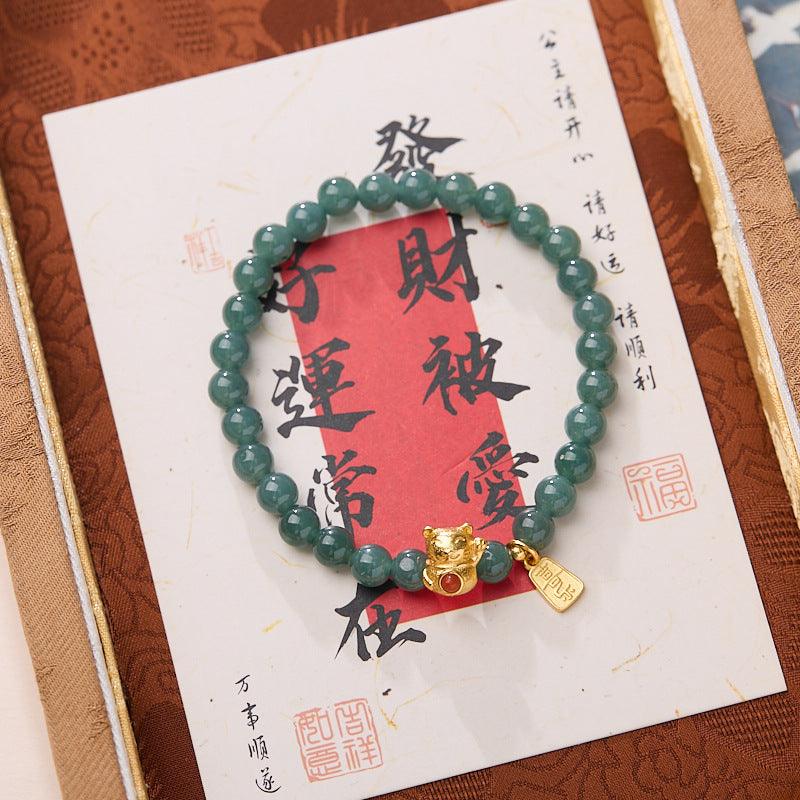 AS廠-廠家源頭批發天然6MM藍水翡翠手串女招財貓平安喜樂翡翠A貨手串「L0610752」25.04-1