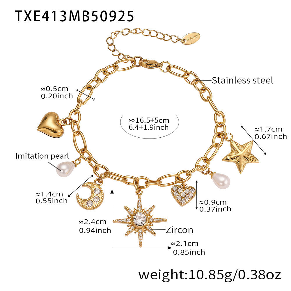 B廠-新款星月八星芒鋯石貝珠五角星DIY多配件鎖骨項鍊手鍊套裝「TXP413」25.10-1