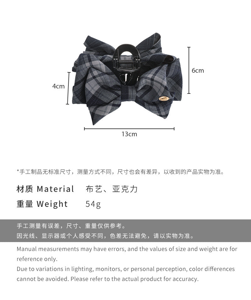 E廠-學院風韓系格紋蝴蝶結抓夾洋氣簡約金標鯊魚夾後腦勺盤髮夾子髮飾「27395」25.08-5
