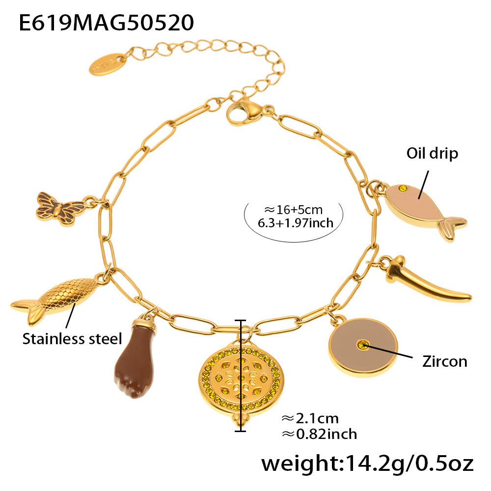 B廠-多元素絢彩吊墜滴油手鍊夏日度假不鏽鋼不掉色飾品「E619」25.05-5
