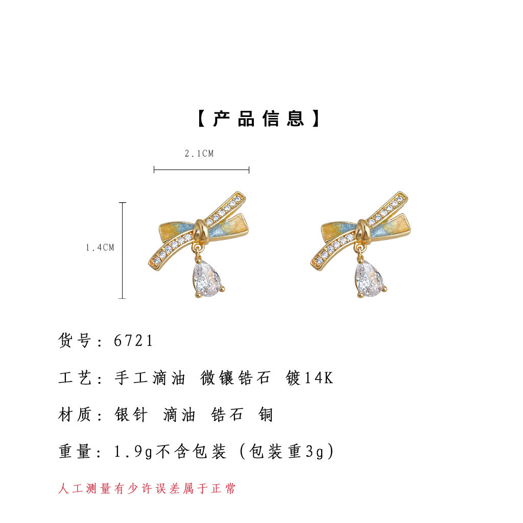 A廠-清新甜美微鑲鋯石925銀針鍍14K彩繪琺瑯滴釉蝴蝶結耳環「6721」25.09-4