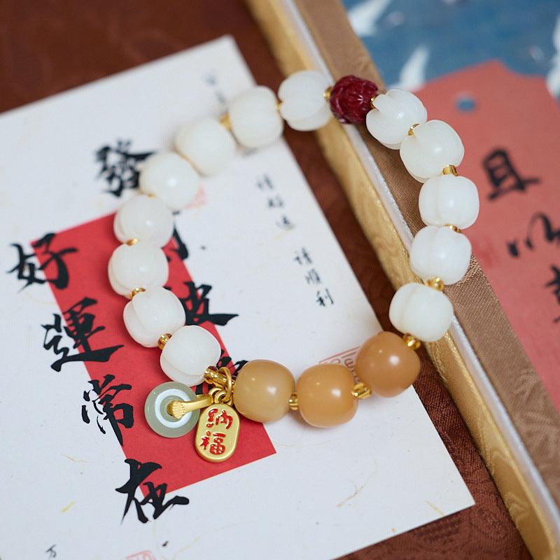 AS廠-靈隱祈福天然白玉菩提南瓜手串好運朱砂蓮花手鍊寺廟同款禮物批發「TL1010521」25.03-3