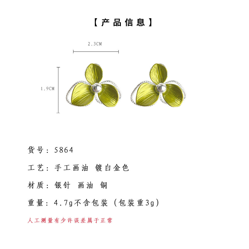 A廠-森系超仙~925銀針三葉草綠色清新甜美自然花朵耳環優雅氣質耳環女「5864」25.04-3