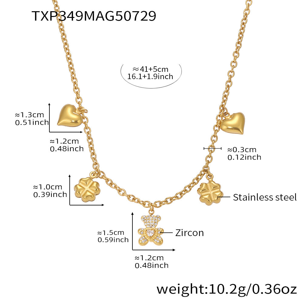 B廠-小熊愛心四葉花設計感項鍊手鍊18K金不鏽鋼歐美風跨境套裝「TXP349-TXE349」25.08-2