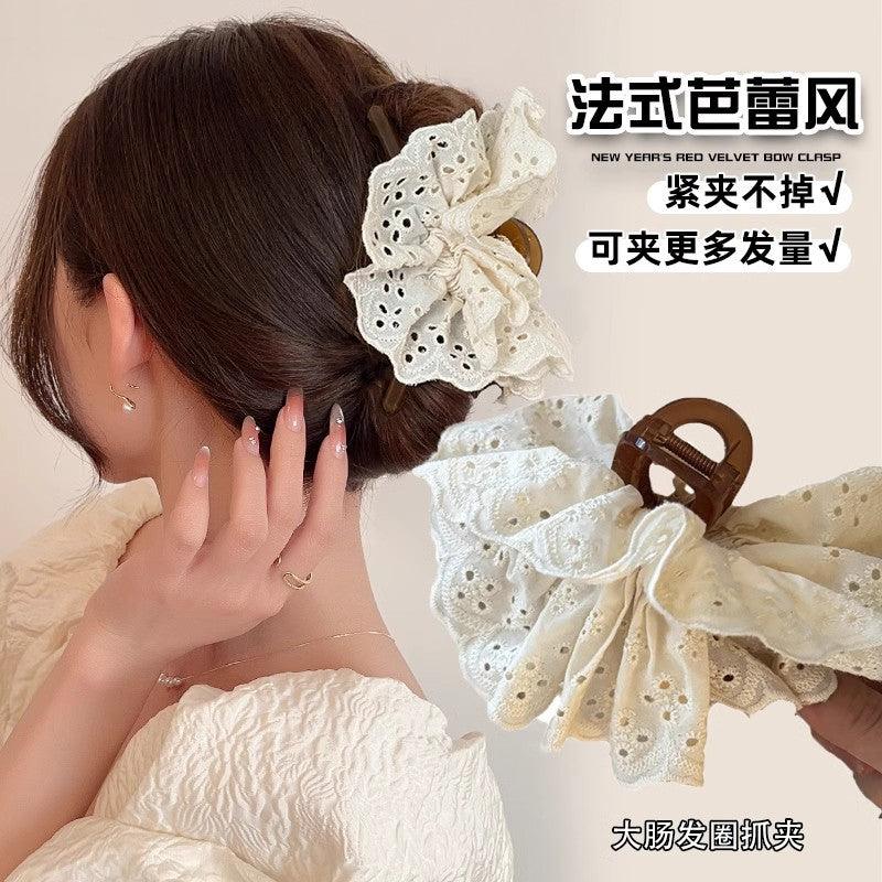 E廠-法式復古蕾絲頭花抓夾女2025新款後腦勺髮夾高級感大號鯊魚夾頭飾「24976」25.04-1