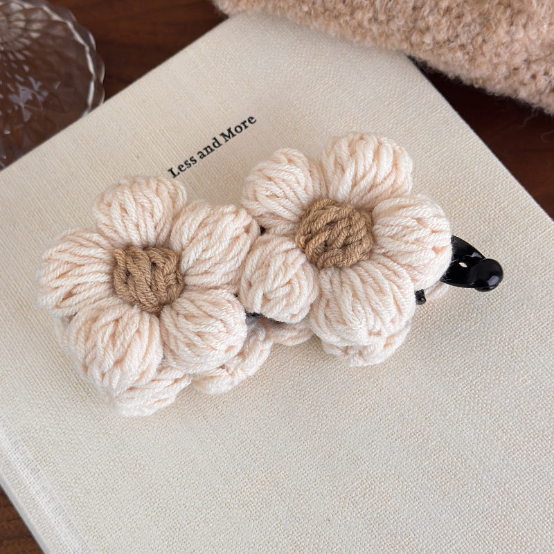 E廠-復古毛線花朵香蕉夾竪夾女秋冬飽滿後腦勺高馬尾抓夾氣質百搭髮夾「27628」25.11-1