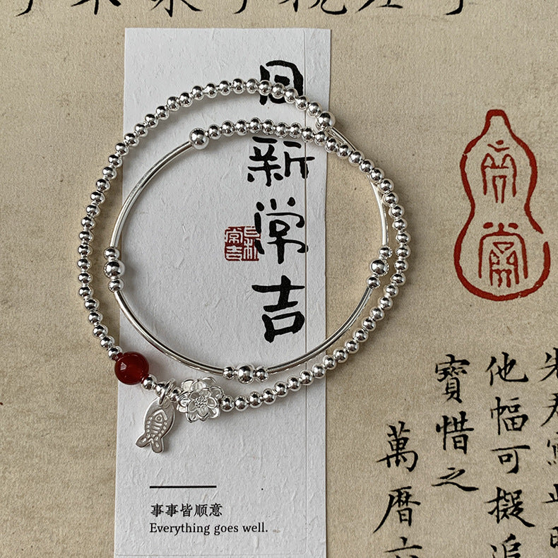 C廠-新中式國風古風年年有餘小魚兒蓮花雙層手鍊女式S925純銀手鍊手串「816」25.06-1