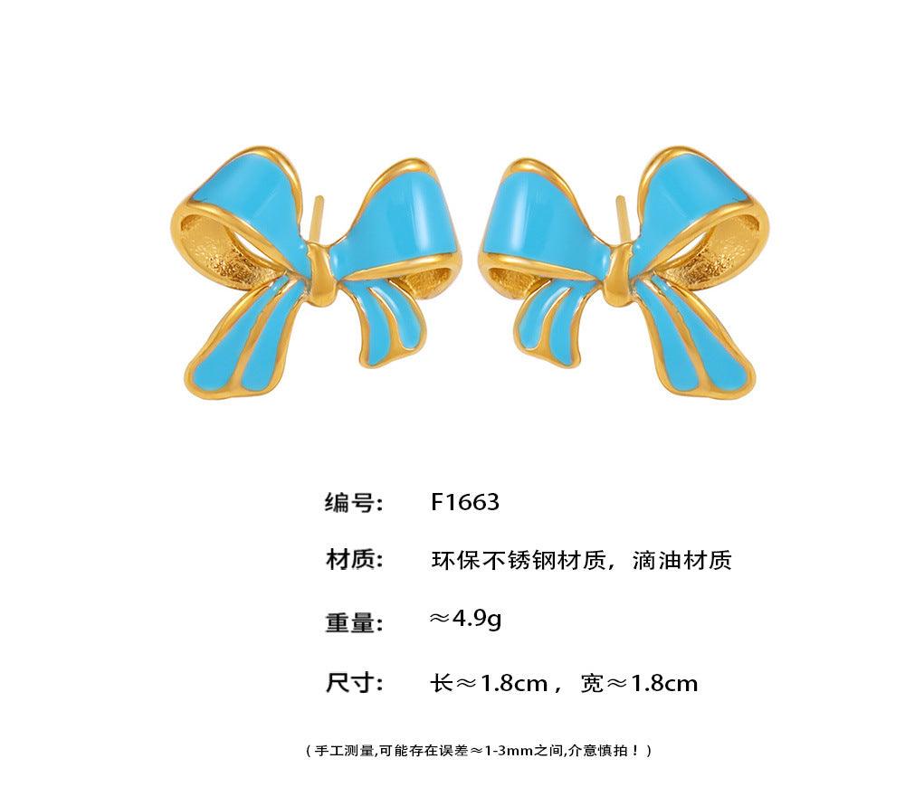 B廠-歐美ins風精緻滴油蝴蝶結耳釘輕奢油畫質感不鏽鋼甜美耳飾「F1663」24.10-4