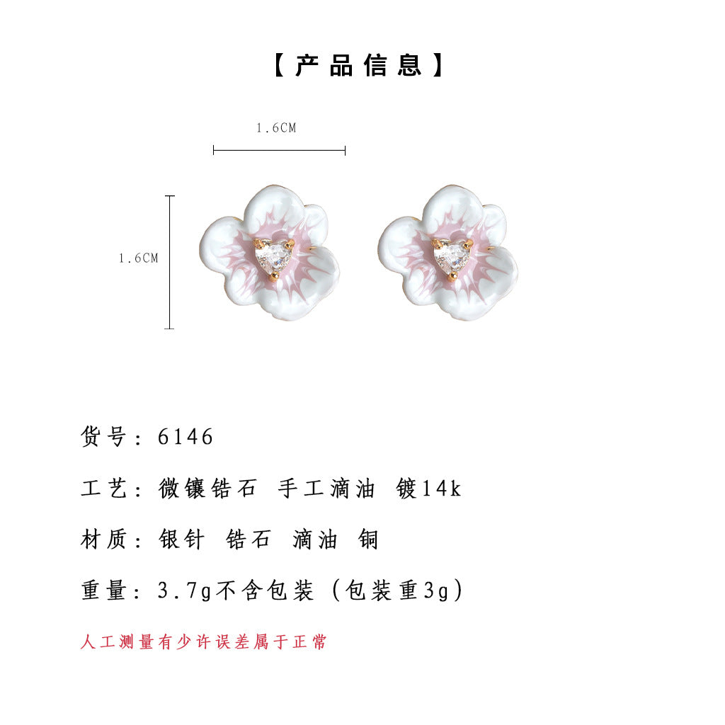A廠-清新甜美琺瑯滴釉立體花朵銀針微鑲鋯石耳環氣質優雅通勤耳飾「6146」25.06-1
