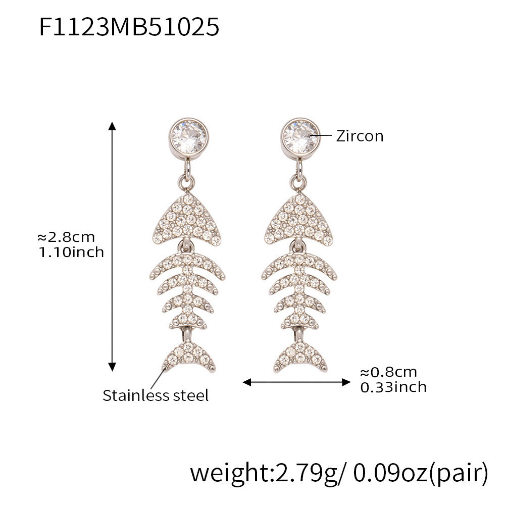 B廠-跨境新款魚骨造型滿鑽鋯石超閃耳環不鏽鋼鍍18k真金不掉色「F1123-F983」25.10-5