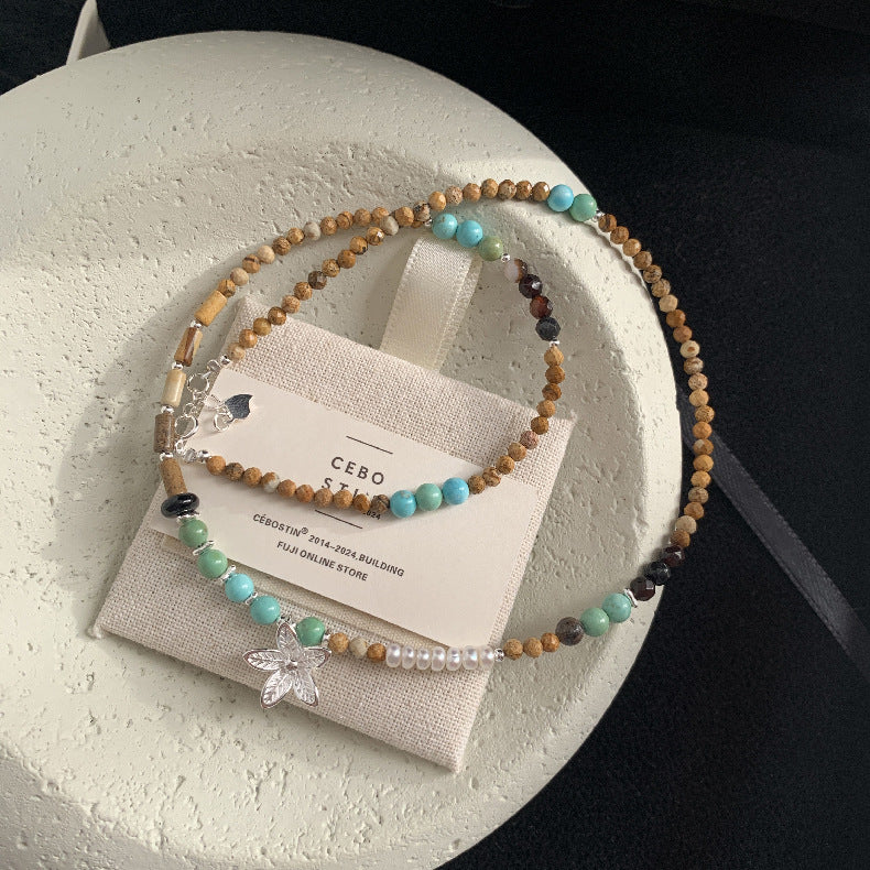 C廠-泰國清邁手工銀 天然珍珠花朵鋁鎂礦圖畫石S925純銀手鍊925銀項鍊「1540」25.11-2