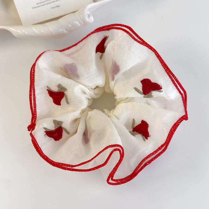 E廠-紅色刺繡玫瑰花朵大腸髮圈2025春夏新款扎髮丸子頭高端髮繩頭繩女「26652」25.03-2