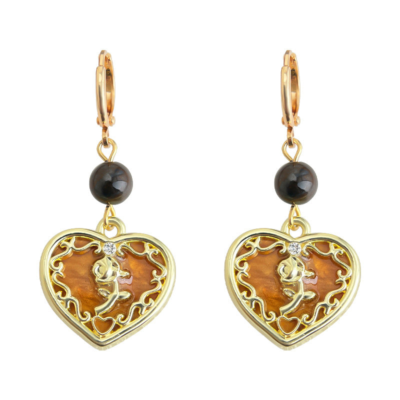 A廠-文藝復古美拉德風愛心玫瑰花中古風新款耳環手工耳環女飾品「7148」25.11-4