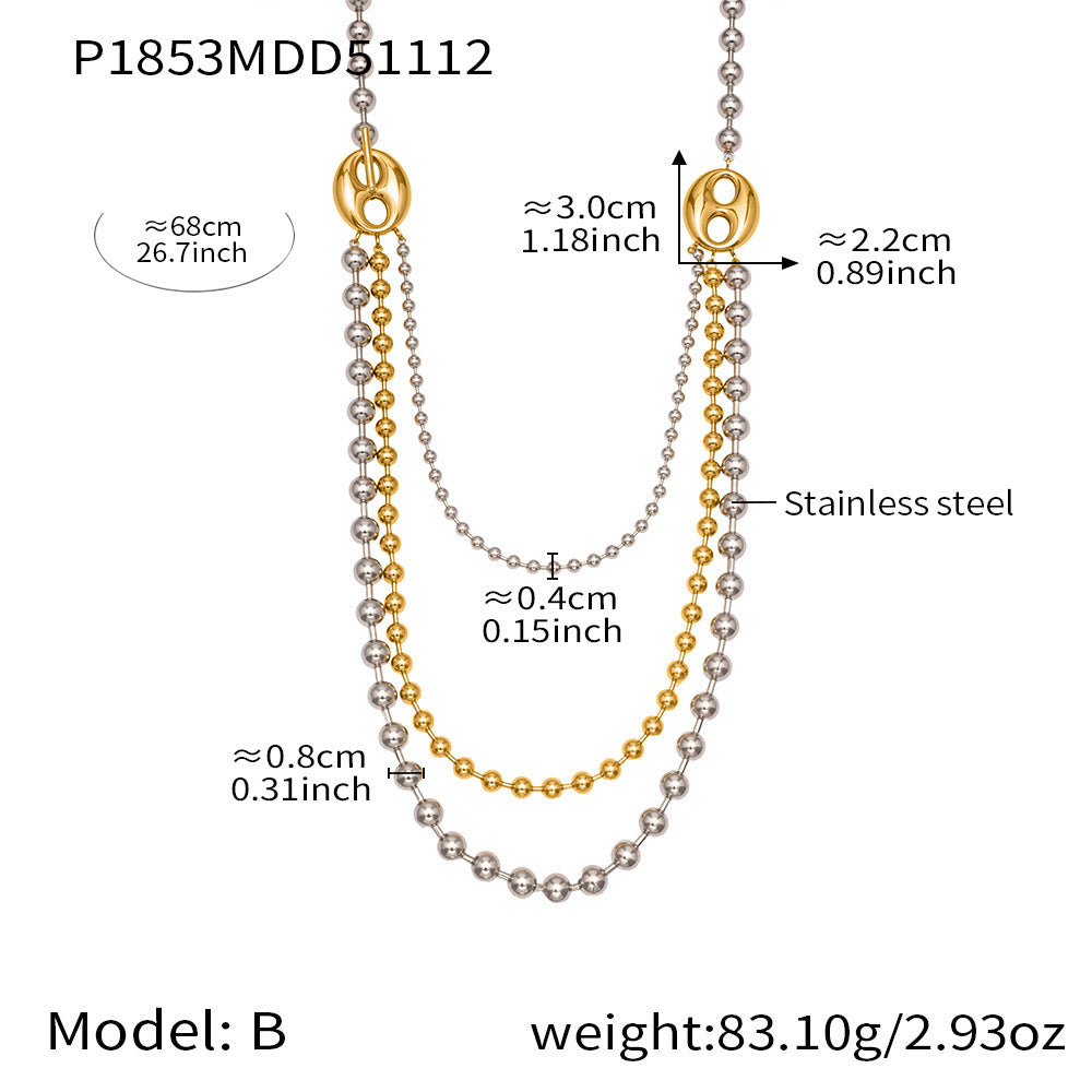 B廠-歐美拼色不鏽鋼愛心扣多層圓珠鏈項鍊ins個性時尚百搭飾品「P1853」25.11-3