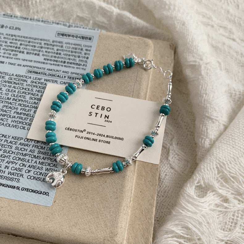 C廠-國朝新中式古風吉祥大象小象鋁鎂礦仿綠松石天然石S925純銀手鍊「1547-1548」25.11-2