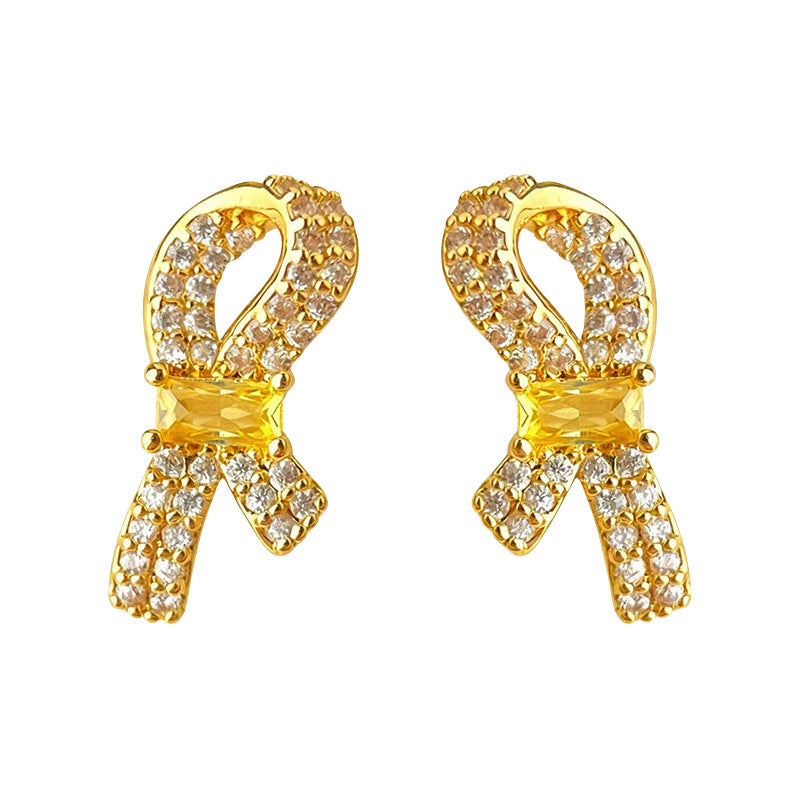 A廠-微鑲鋯石925銀針鍍14K簡約個性時尚通勤高級感蝴蝶結耳釘「7185」25.12-1