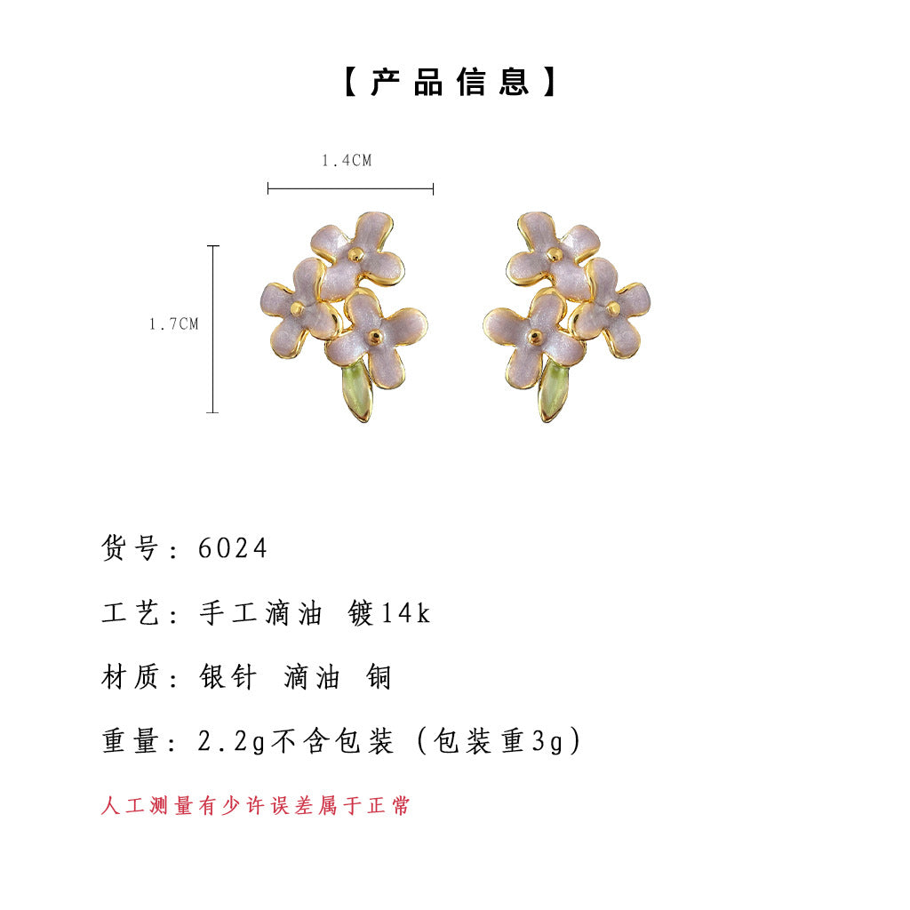 A廠-清新甜美925銀針鍍14K溫柔紫色琺瑯滴釉繡球花朵耳環工廠新款耳飾「6024」25.05-3
