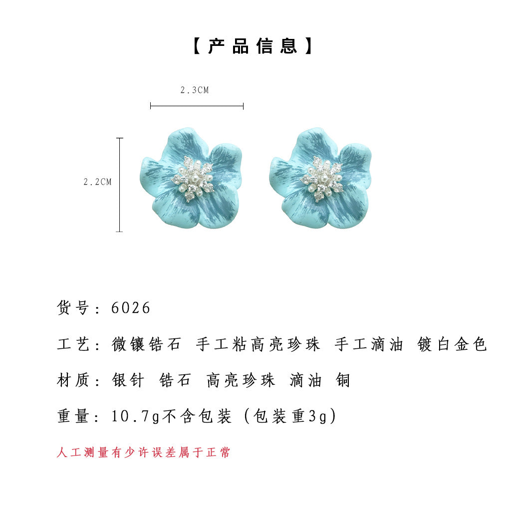 A廠-網路大爆款法式溫柔時尚氣質手繪琺瑯簡齡藍色花朵耳環高級感耳飾「6026」25.05-5