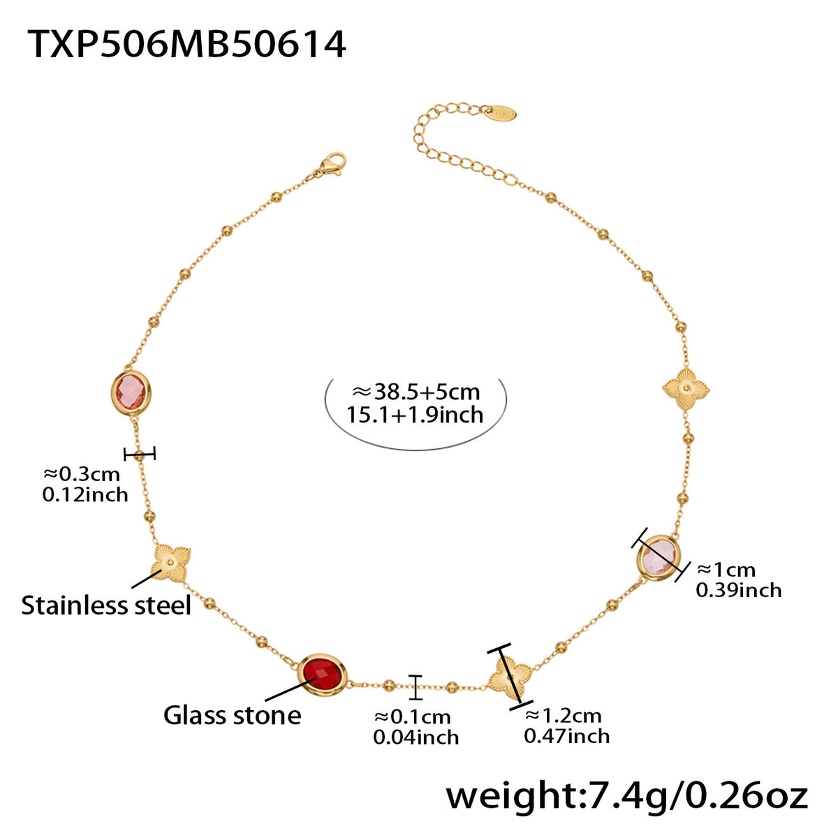 B廠-不鏽鋼十字夾珠鏈橢圓包邊切面玻璃石項鍊耳環首飾套裝鍍18k真金「TXP506」25.12-1