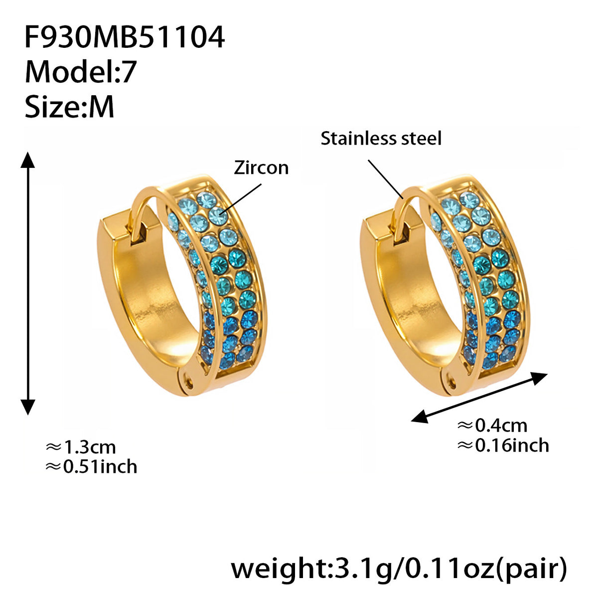 B廠-ins風高質量彩色5A鋯石圓圈卡扣耳環不鏽鋼鍍18k真金耳飾女「F930」25.11-2