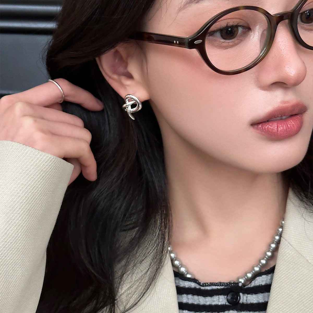 C廠-韓版不規則愛心耳釘女精緻小眾打結銀針耳環時尚個性ins風耳飾「EH-3782」25.07-3
