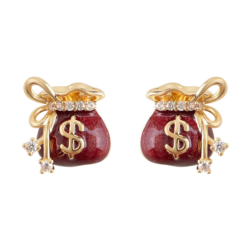 A廠-原創錢袋~微鑲鋯石925銀針琺瑯滴釉酒紅色時尚設計感耳飾耳環「7035」25.11-1