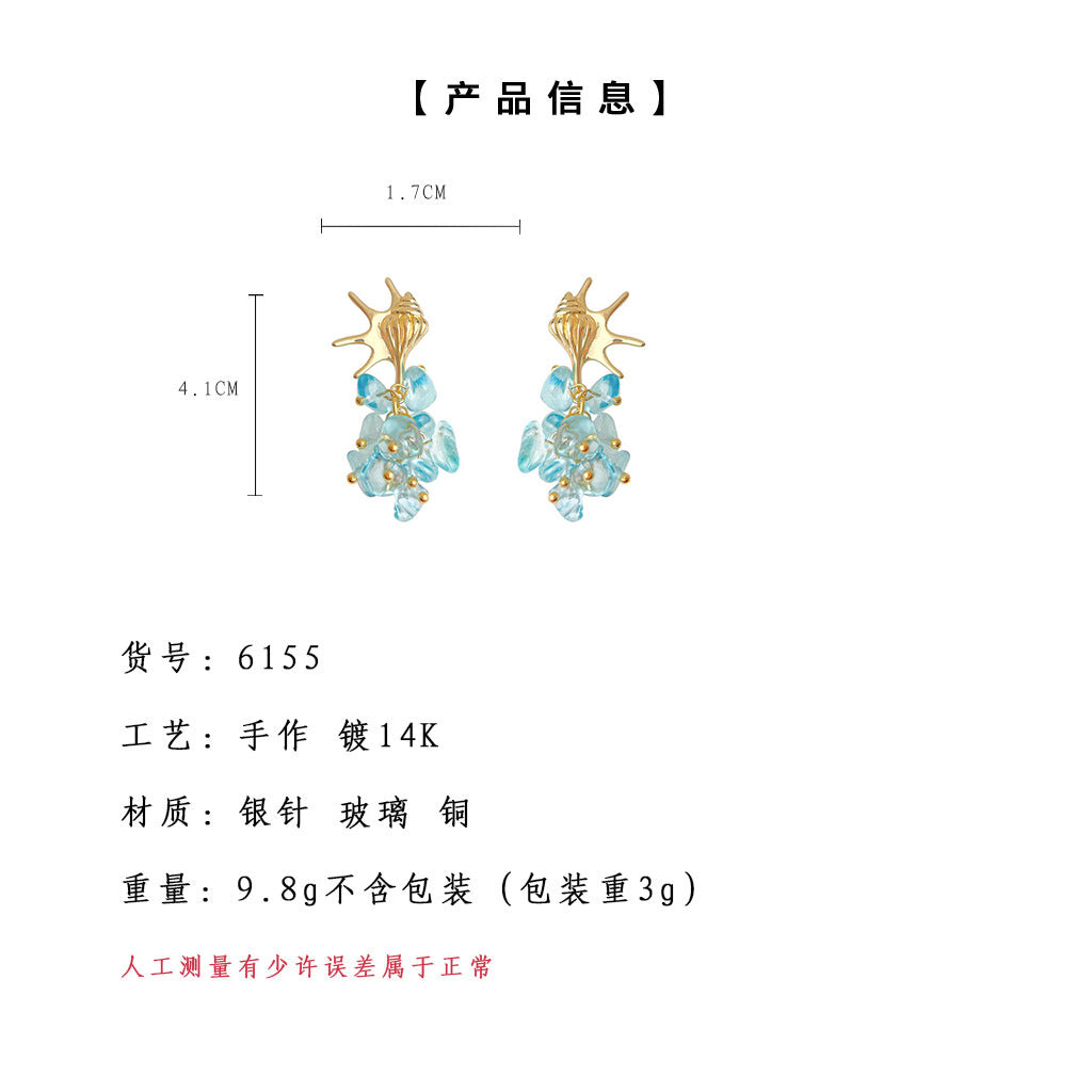 A廠-海洋系設計師款海藍寶玻璃琉璃海邊度假風清新甜美高級感耳飾耳環「6155-6156」25.06-1