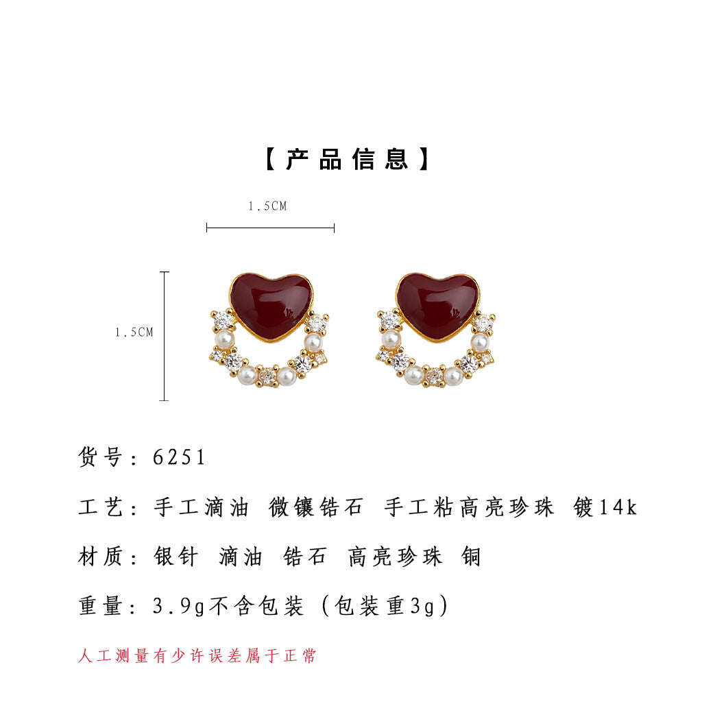 A廠-微鑲鋯石酒紅氣質文藝復古925銀針心形滴釉工廠耳飾新款耳釘「6251」25.06-4