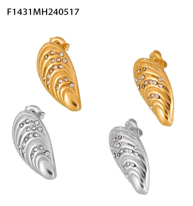 B廠-歐美跨境時尚復古個性鑲鑽耳飾鈦鋼鍍18K金珠貝殼不褪色耳環「F1431」24.06-3