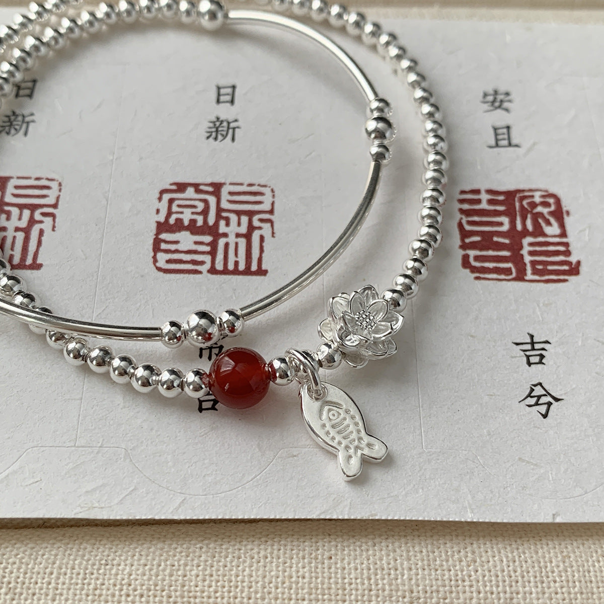 C廠-新中式國風古風年年有餘小魚兒蓮花雙層手鍊女式S925純銀手鍊手串「816」25.06-1
