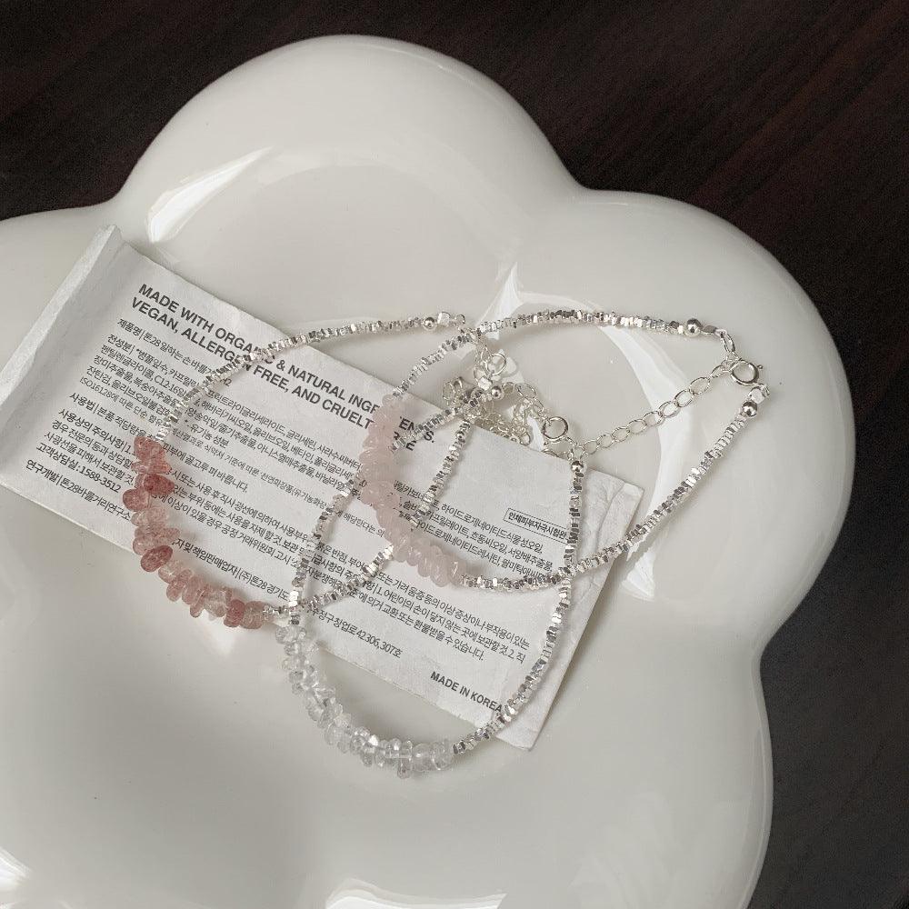 C廠-天然白水晶粉水晶草莓晶碎銀子S925純銀手鍊女式手串「SA189」25.03-4