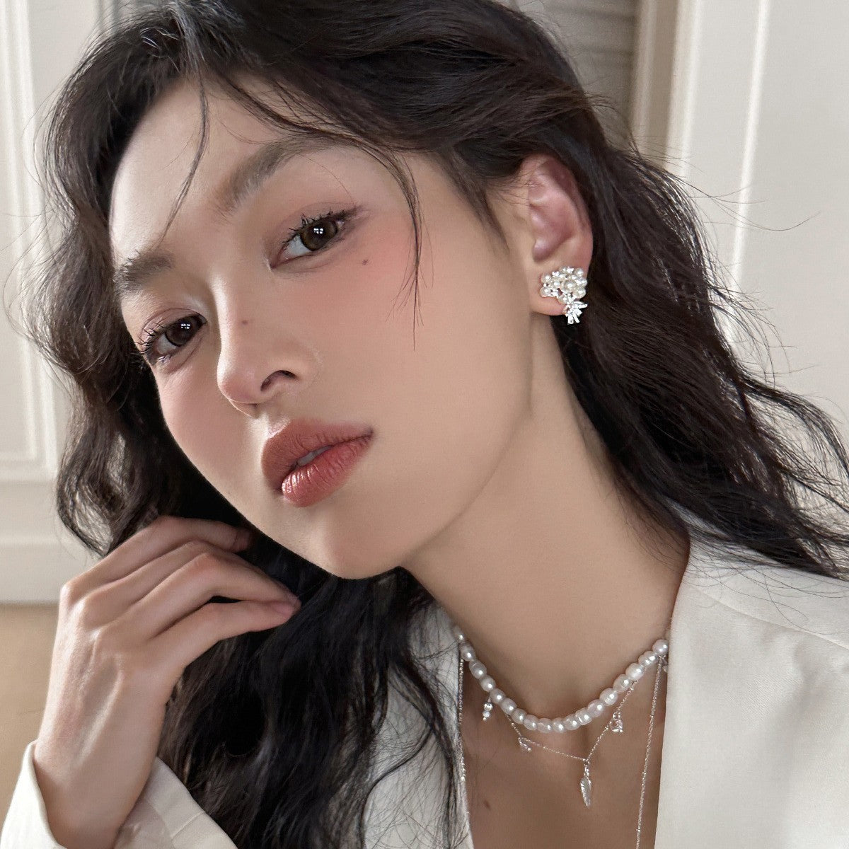 C廠-輕奢精緻蝴蝶結珍珠鋯石花束耳釘女法式氣質優雅百搭高級感耳飾「EH-4112」25.10-1