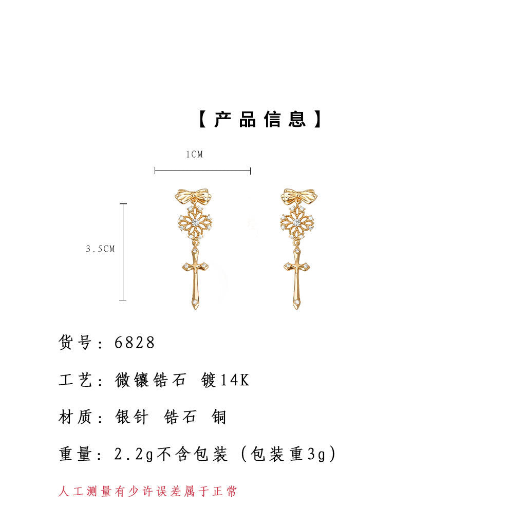 A廠-原設計師款925銀針鍍14K鏤空蕾絲十字架蝴蝶結工廠耳飾新款耳環「6828」25.09-4