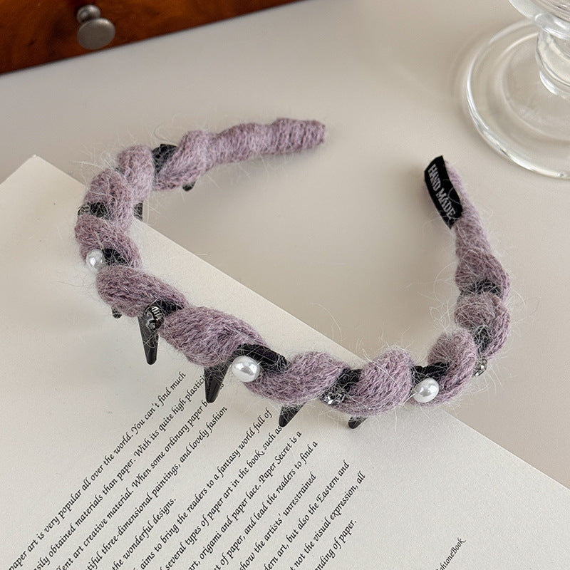 E廠-韓系閃鑽珍珠毛線波浪髮箍女高顱頂頭箍帶齒防滑外戴髮卡壓髮頭飾「27663」25.11-2