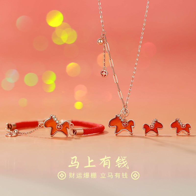 D廠-原創S925純銀 {馬上有錢}紅瑪瑙生肖馬項鍊本命年耳環手鍊「YC6404E_1 YC2201N_1 YC4678SL_1」25.10-1