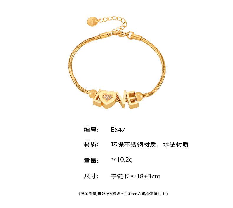 B廠-跨境熱銷金色字母LOVE手鍊愛心鑲鑽不鏽鋼鍍18K金氣質手飾送女友「E547」24.08-1