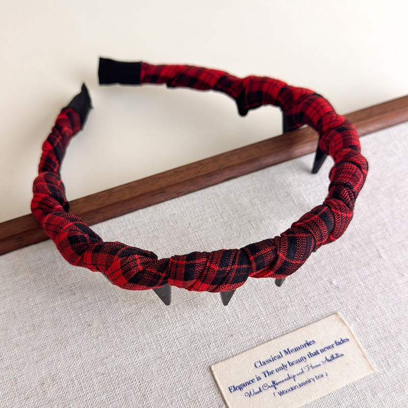 E廠-韓版格紋纏繞髮箍復古格子網紅百搭壓髮波浪帶齒頭箍高顱頂頭飾「27343」25.08-3