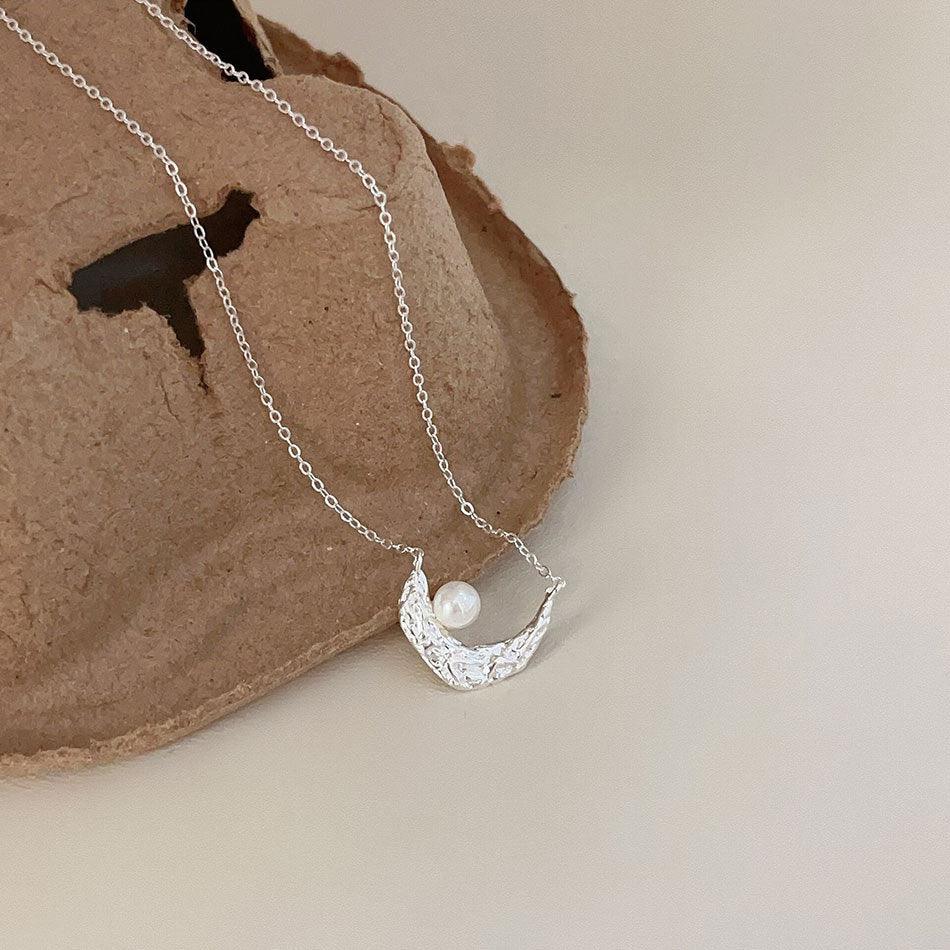 F廠-韓版飾品925純銀殘月珍珠項鍊 金色風格項鍊女款簡約小眾網紅項鍊「B843」25.01-2