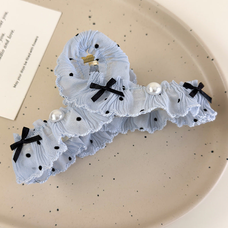 E廠-溫柔芭蕾風波點抓夾裙擺褶皺珍珠壓克力髮夾鯊魚夾後腦勺髮抓髮飾「26905」25.05-2