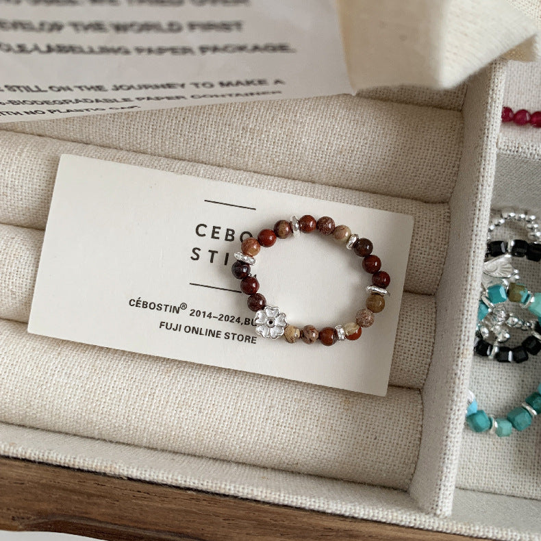 C廠-古風花朵葉子福袋小馬元寶蘋果紅瑪瑙彈力戒指S925純銀戒指女士「RB」25.11-4