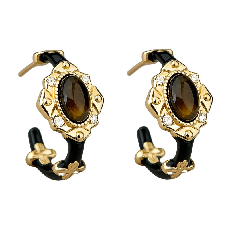 A廠-原創美拉德風格天然石虎眼石琺瑯滴釉黑金色圓形復古耳環「7238」25.12-3