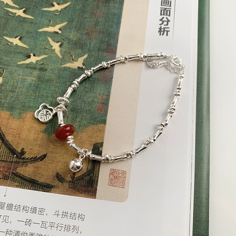 C廠-新中式國風復古風竹節紅瑪瑙福字圓球紅瑪瑙手串S925純銀手鍊「S828」25.06-1