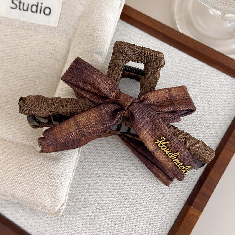 E廠-美拉德格紋蝴蝶結抓夾女高級感大號鯊魚夾子新款盤髮夾後腦勺頭飾「27659」25.11-2