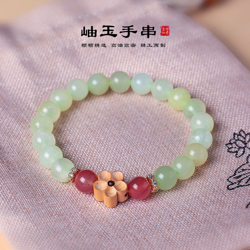 AS廠-新中式天然岫玉粉水晶桃花串珠手鍊女清新甜美檀木梅花手串首飾「DL1405」25.07-3