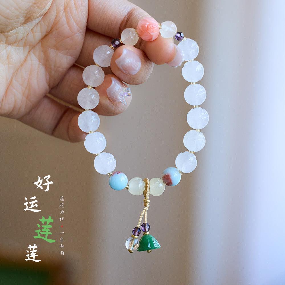 AS廠-寺廟爆款 天然金絲玉蓮花手鍊好運蓮蓮荷包鼓鼓古風玉石手串批發「SL89-L-04」25.03-2