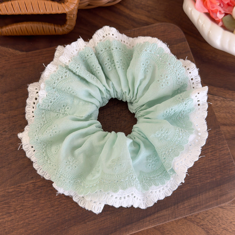 E廠-韓系ins薄荷綠刺繡蕾絲花邊小蠻腰大腸髮圈溫柔百搭扎馬尾髮飾女「26923」25.05-2