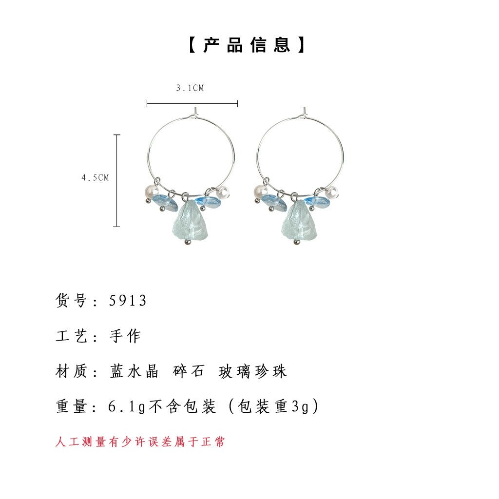 A廠-天然石透感藍水晶碎石海邊度假風旅遊清新甜美手工耳飾耳環「5913-5918」25.04-4