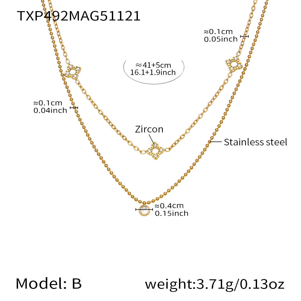 B廠-簡約時尚花朵滿鑽鋯石吊墜雙層疊戴項鍊不鏽鋼手鍊戒指套裝「TXP492」25.11-4