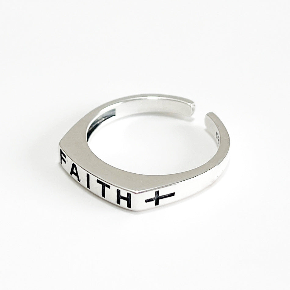 F廠-歐美極簡百搭潮人網紅925純銀FAITH信仰十字架戒指日韓指環食指「J-1083」25.05-5
