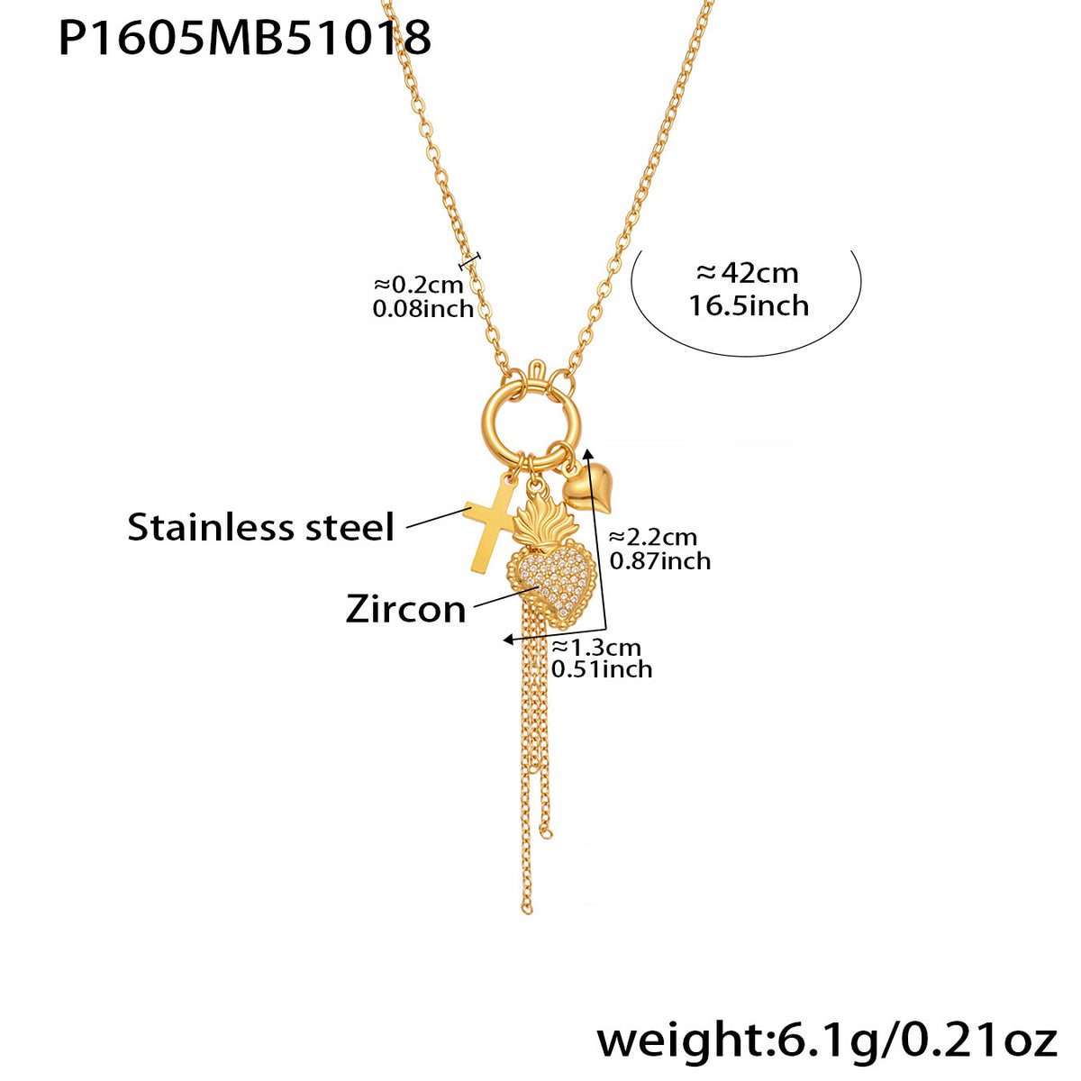 B廠-不鏽鋼5A鋯石皇冠愛心DIY多配件吊墜流蘇項鍊跨境熱銷飾品「P1605-2」25.10-4